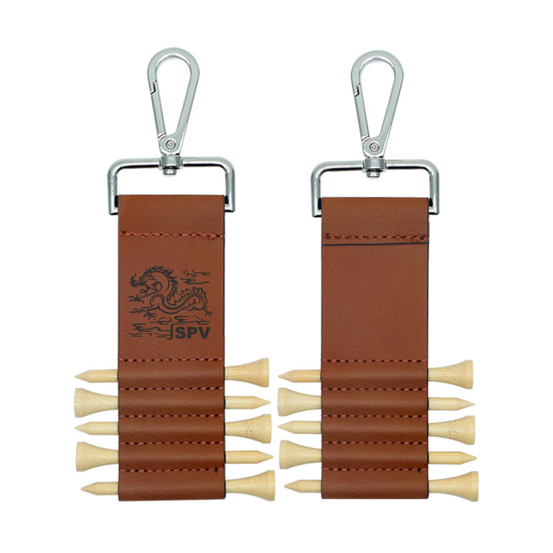 Laserable Leatherette Golf Bag Tag Keychain with 5 Wooden Tees